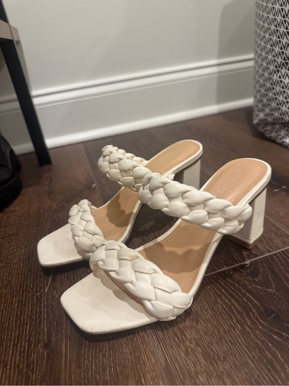 Braided Strap White Block Heel Sandals